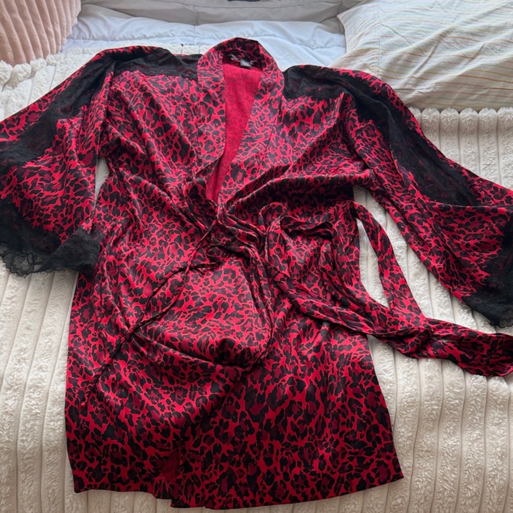Victoria's Secret Red and Black Satin Leopard Kimono Robe